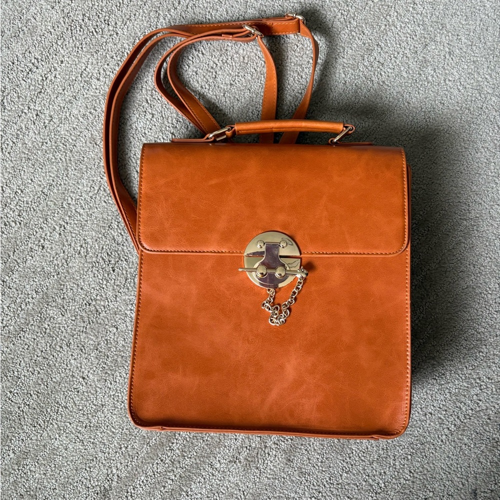 Structured Tan Faux-Leather Backpack with Gold-Tone Lock